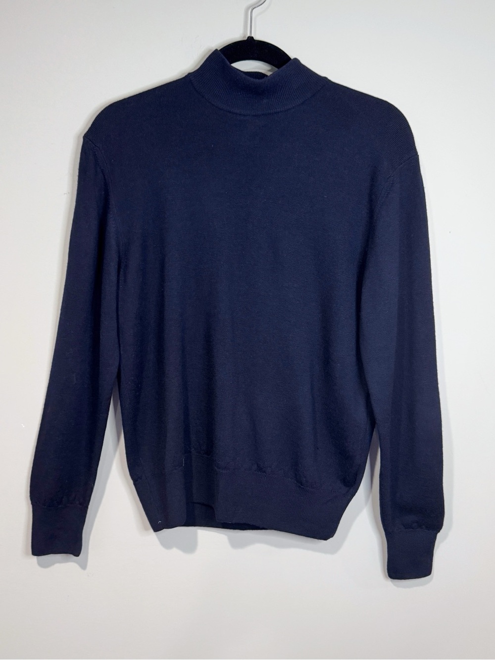 Morgano Women’s Navy Merino Wool Mock Neck Sweater Made Italy Quiet Luxury M